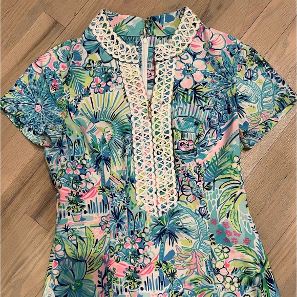 Lilly Pulitzer shift dress short sleeve blue and pink floral with cording - Picture 2 of 12